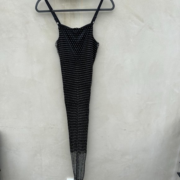 Opening Ceremony Slip Dress Black Satin Fishnet Rhinestone Embellished Sz 2 - Picture 10 of 12
